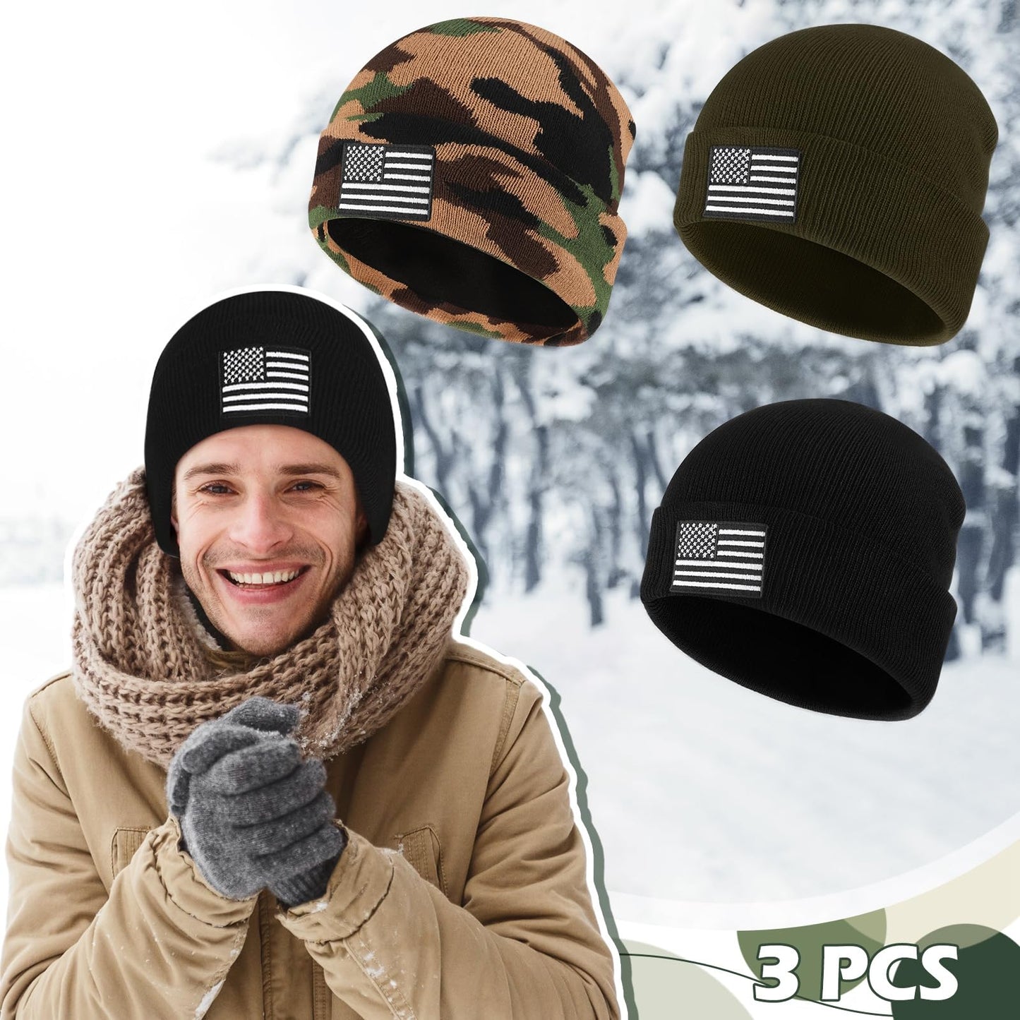 Liitrsh 3 Pcs Knitted Skull Beanie American Flag Military Beanie Hat Tactical Winter Warm Beanie Flag USA Acrylic Watch Cap for Men Women Hiking Outdoor