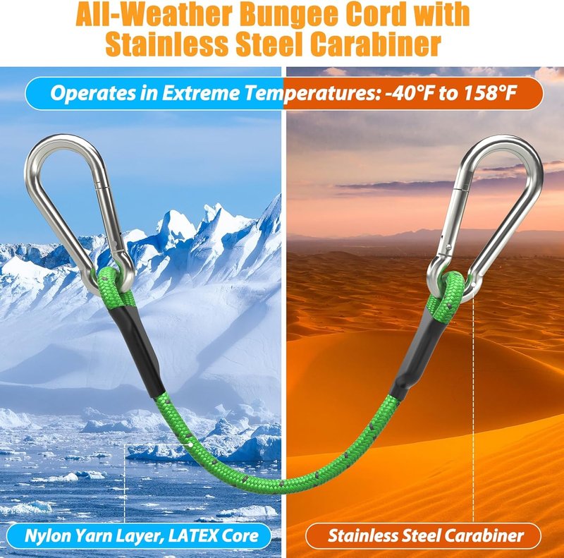 8 Inch Heavy Duty Bungee Cords with Stainless Steel Carabiner | Set of 4 for Camping, Tarps, and Bike Racks