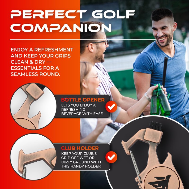 SWIFTEE Golf Divot Pitch Mark Repair Tool 7-in-1 - Club Holder, Brush, Clip Buckle, Groove Cleaner, Bottle Opener, Ball Marker, Divot Tool - Gift Box Included (Matte Black)