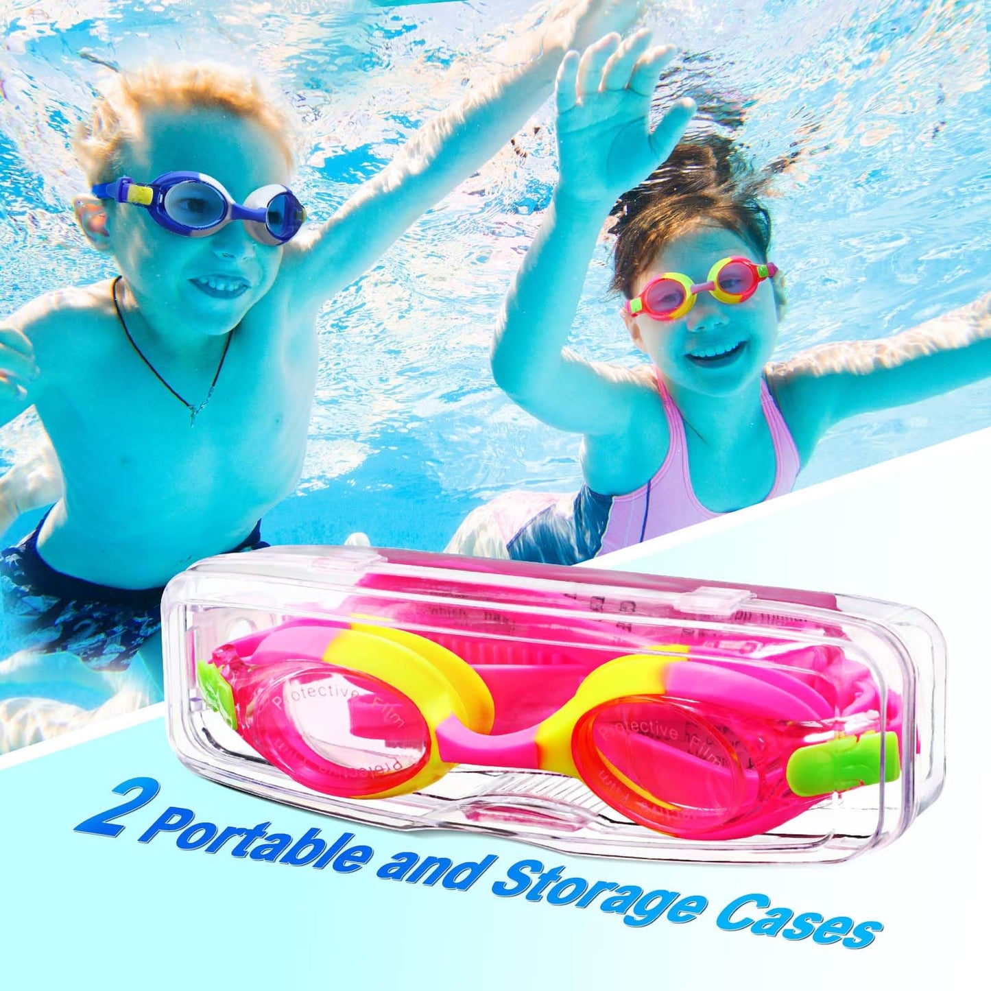 Juatellay Kids Swim Goggles with Cases, 2 Packs No Leaking Anti Fog Swimming Goggles 180° Clear View Kids Goggles for Boys Girls(Age 6-14)