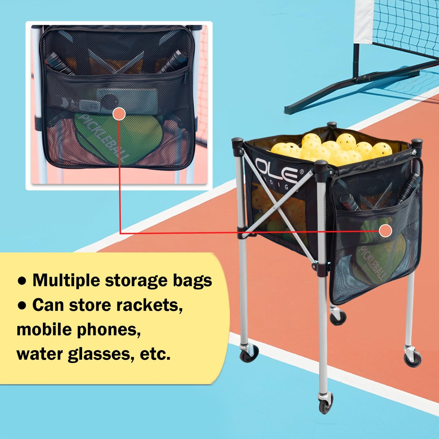 OLE ANDIGO Pickleball Hopper Cart,Tennis Balls Hopper,Can Holds 180 Pickleballs or 210 Tennis Balls,Lightweight Ball Cart with Wheels,Pickle Ball Equipment,Ball Caddy for Training Travel