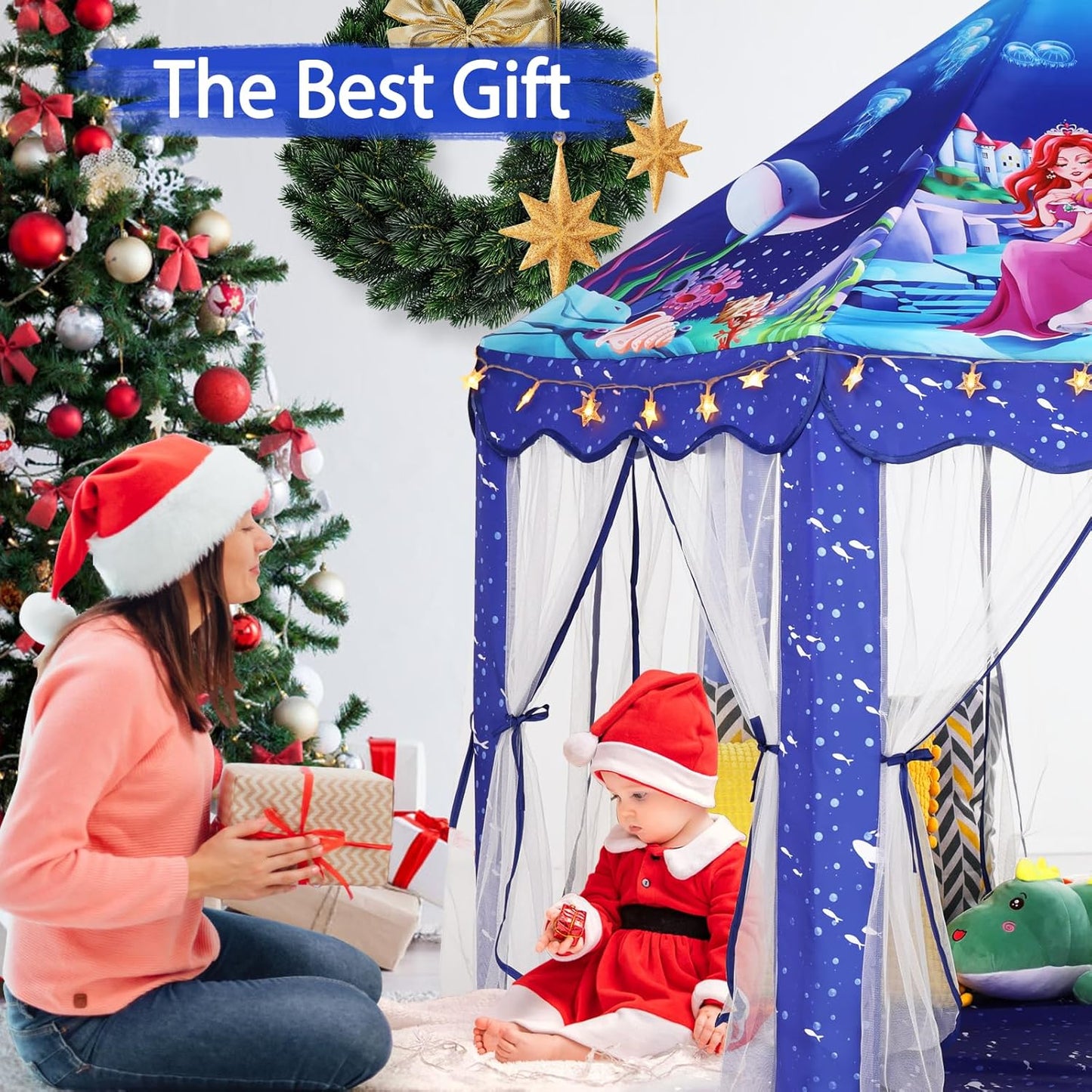 Mermaid Princess Play Tent for Girls - Large Blue Castle with Star Lights | Indoor & Outdoor Fun