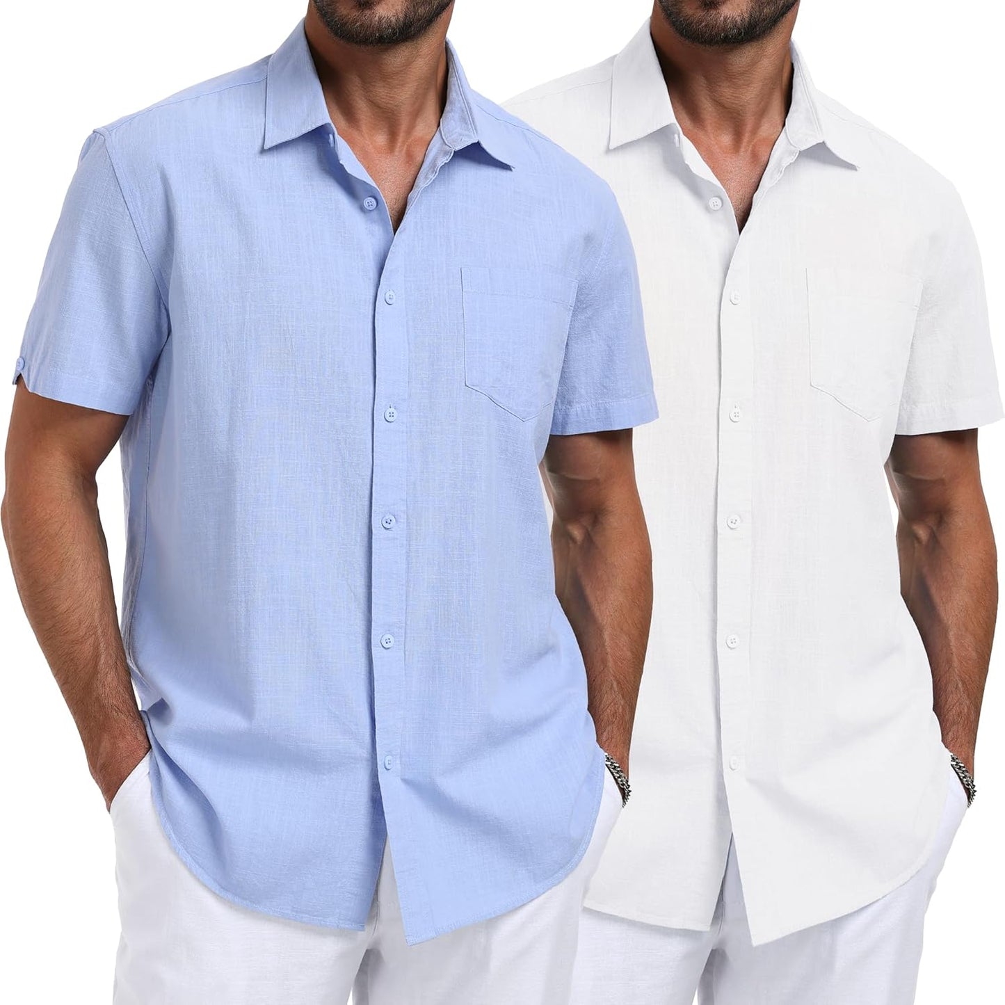 Men's Linen Button-Down Shirts - 3 Pack Casual Short Sleeve Tops for Summer Beach Vacations | Pocket Design