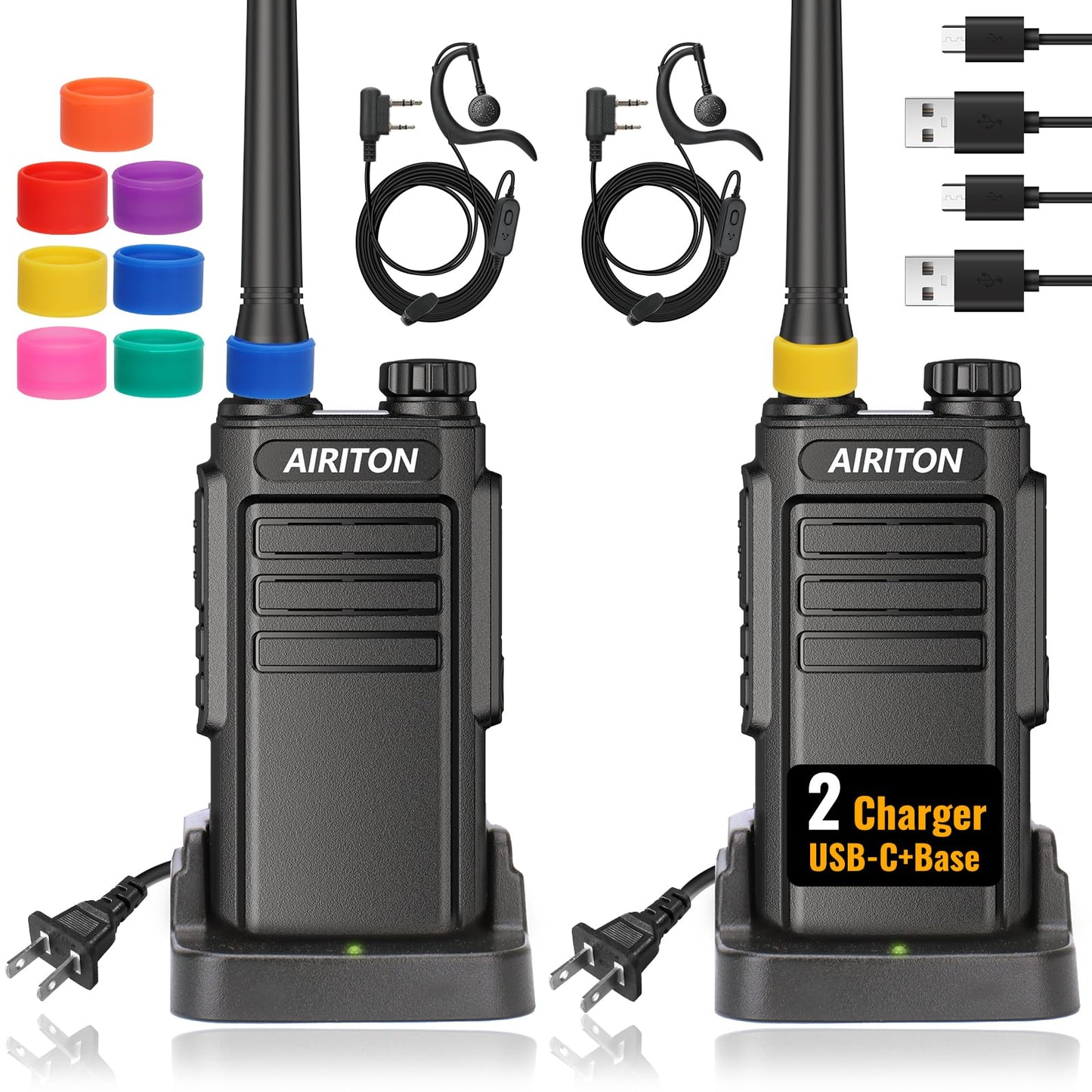 Walkie Talkies Long Range for Adults, Airiton Radio Rechargeable Walkie Talkie UHF Two Way Radio with 1500mAh Li-ion Battery USB-C Charger VOX Walky Talky for Hiking Cruises Camping (2Pack)