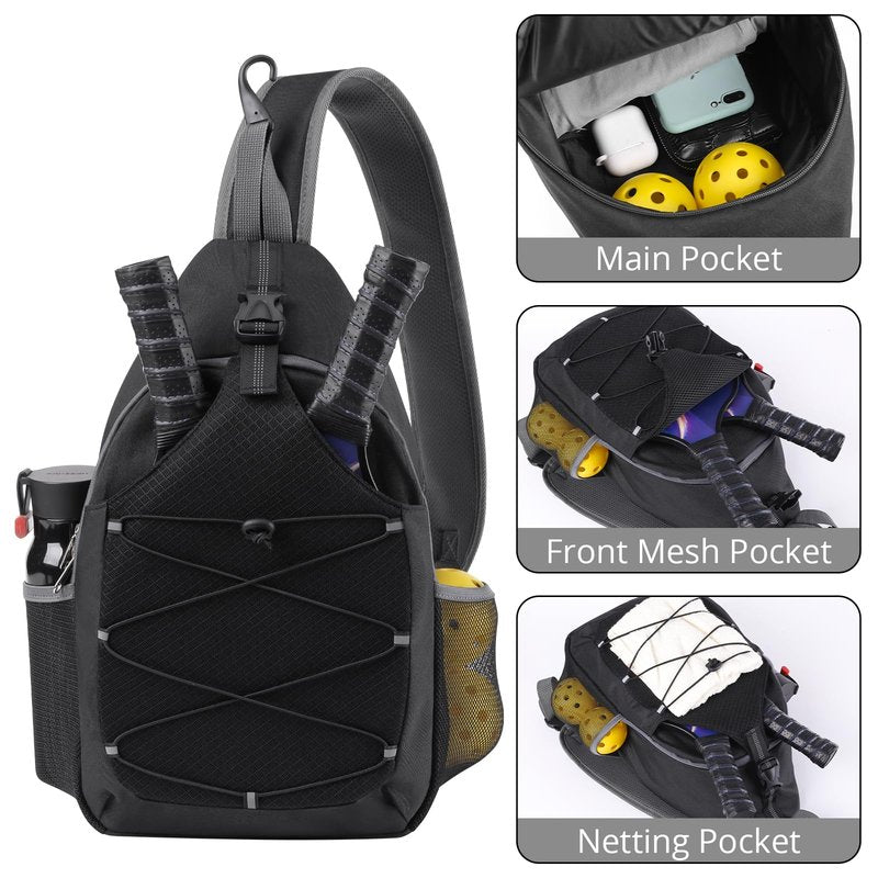 SPOENGRU Pickleball Paddle Bag - Small Adjustable Sling Bag with Fence Hook & Water Bottle Holder