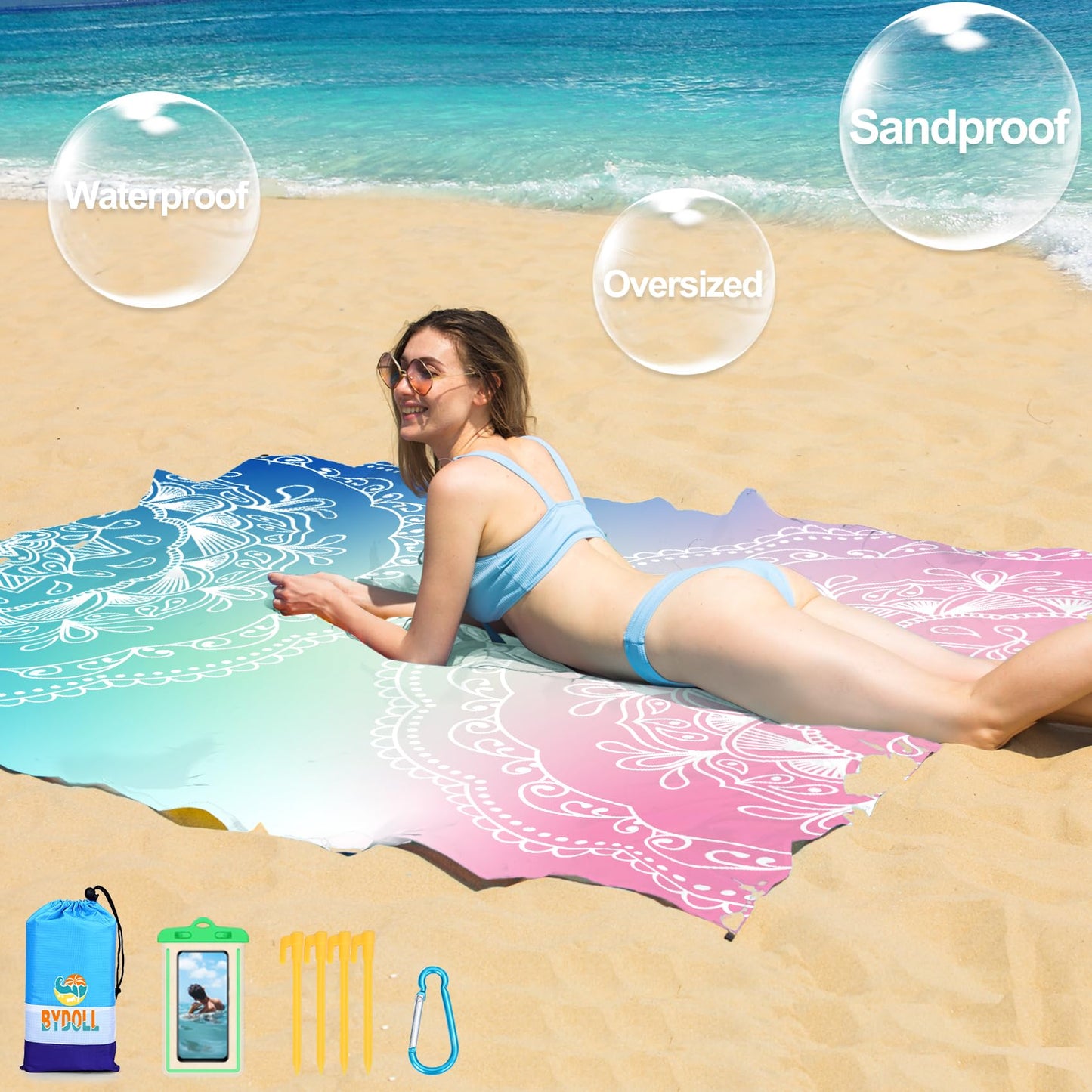 BYDOLL Beach Blanket 78''×81'' 1-5 Adults Oversized Lightweight Waterproof Sandproof Beach Blanket Large Picnic Mat Beach Blanket for Beach Travel Camping Hiking Picnic