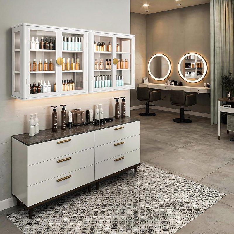 Bathroom Wall Cabinet Set of 2 - 56” Floating Display with Glass Doors & Adjustable Shelves | White Finish