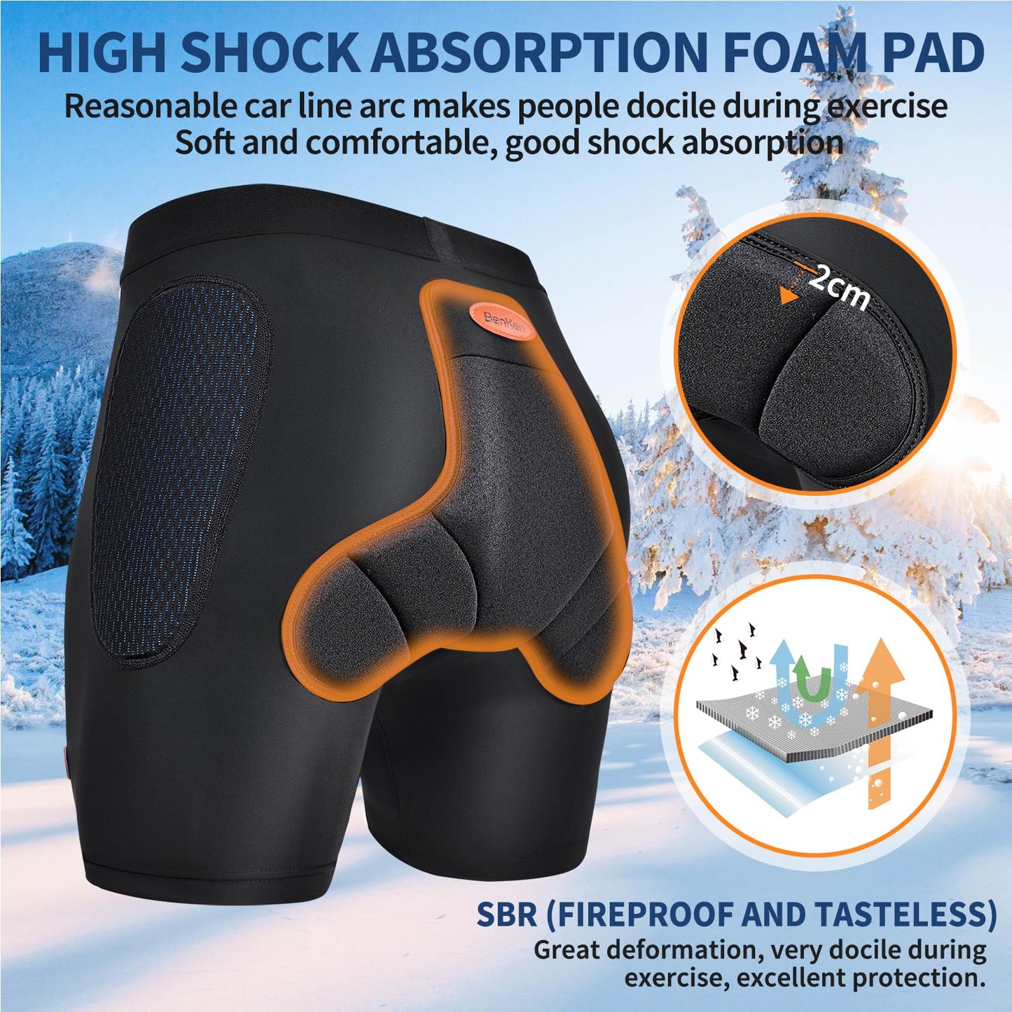 BenKen 3D Hip Protection Eva Butt Pads Protective Padded Shorts for HIPS Tailbone & Butt, Padded Shorts for Skiing Skating Snowboarding Skateboarding (M)