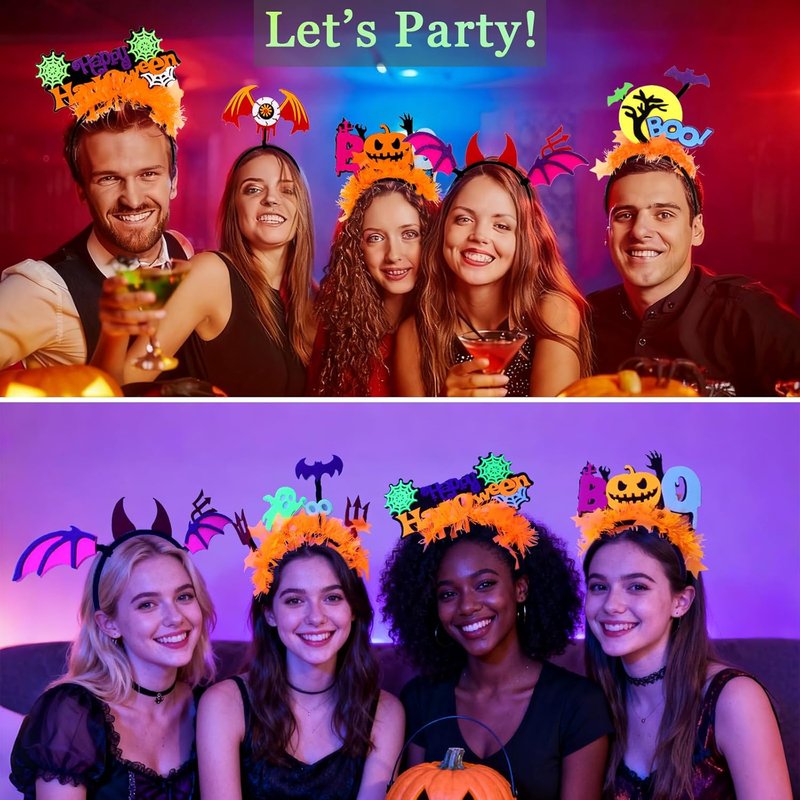 Glow in the Dark Halloween Headpieces - 6pcs Pumpkin, Bat, Ghost & Spider Party Accessories | Fun Photo Props