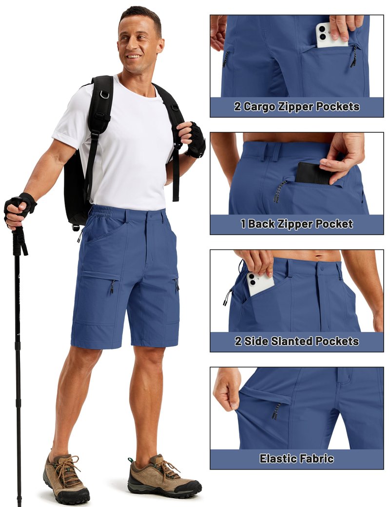 TACVASEN Men's Hiking Shorts 10" Dry Fit Lightweight Waterproof Shorts Casual Outdoor Golf with 5 Pockets Summer Blue Grey 40