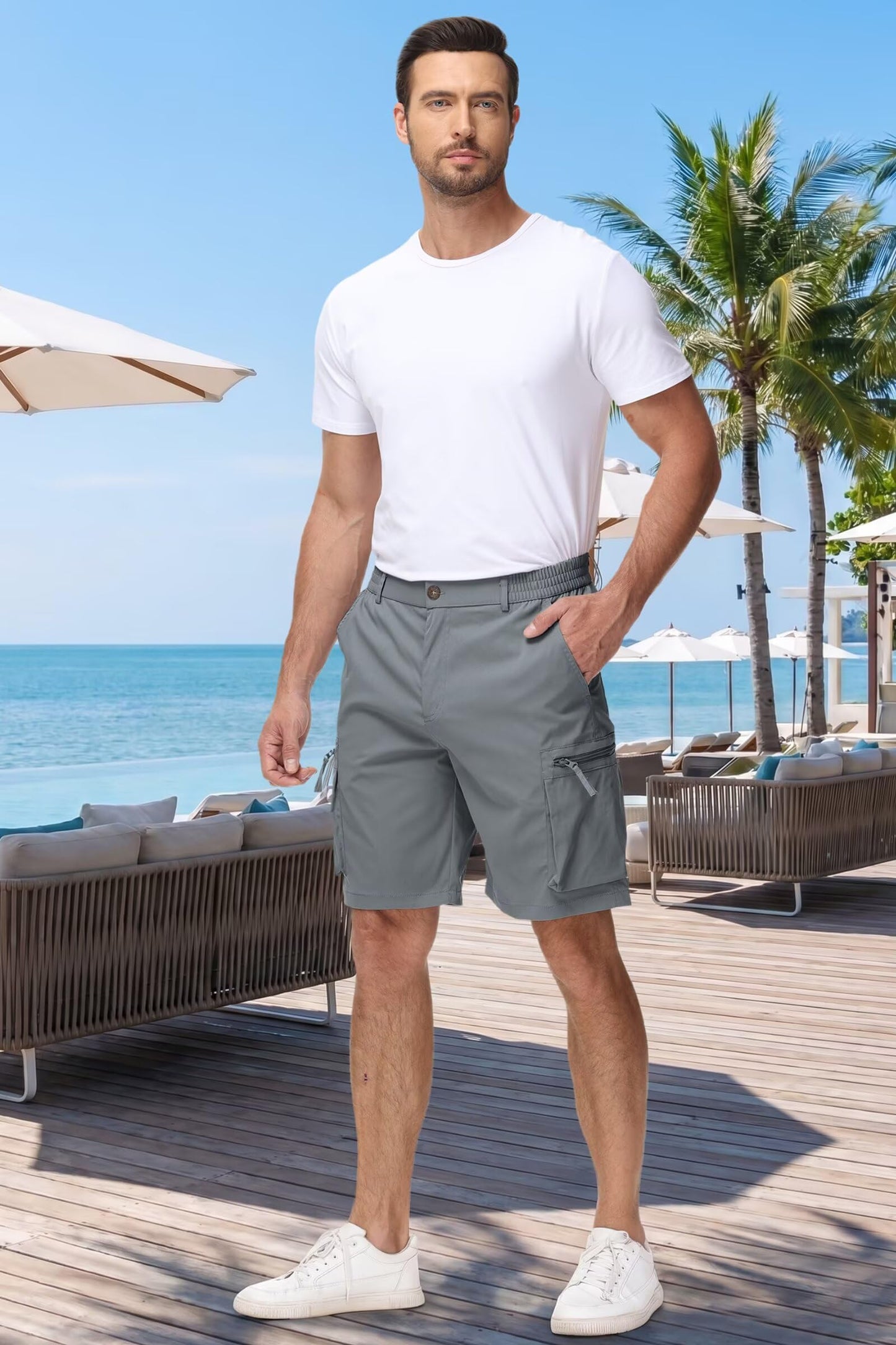QPNGRP Men's 9" Inseam Stretch Waist Zipper Cargo Shorts with 6 Pockets Grey 30