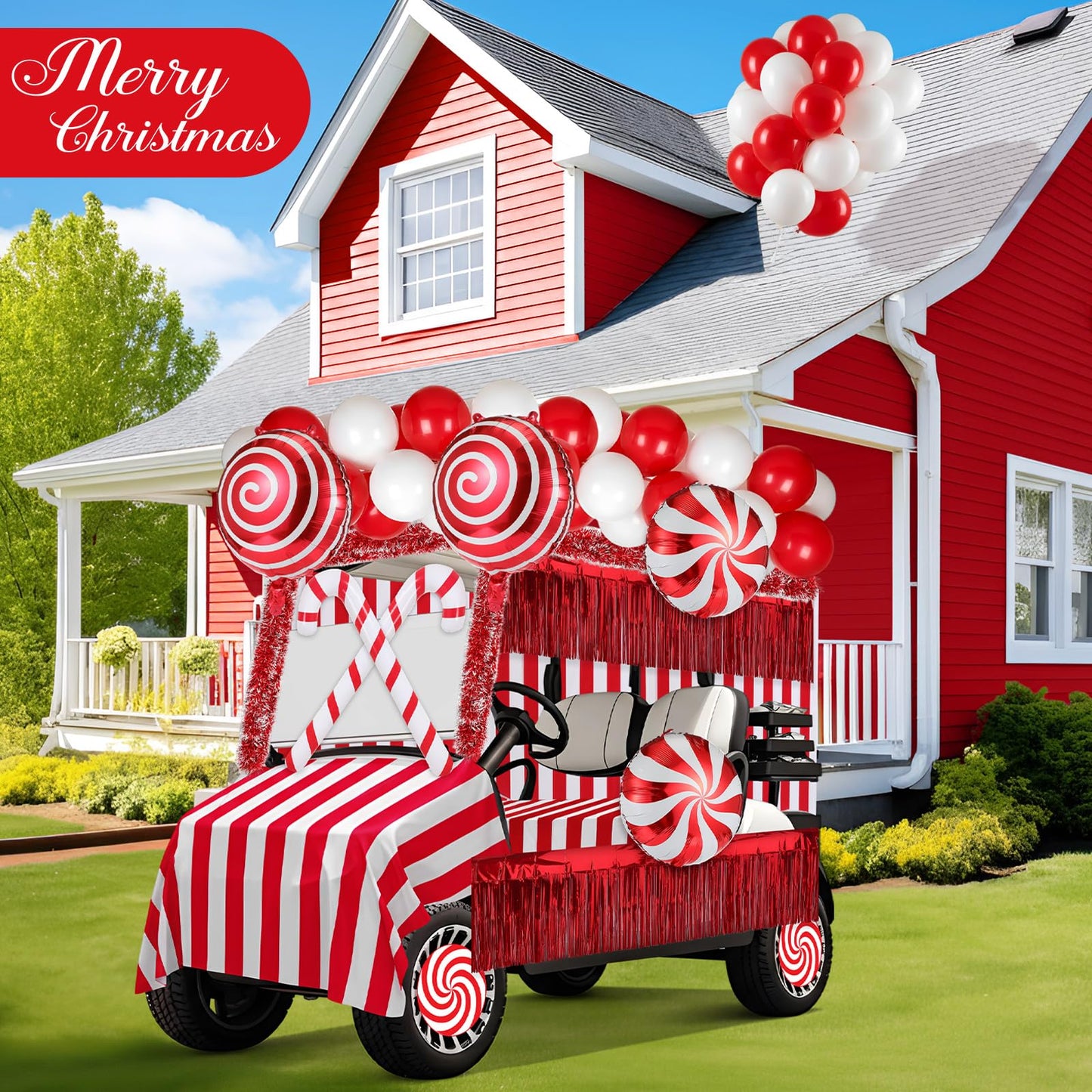 Soulchen 75 Pcs 82 Pcs Christmas Parade Golf Cart Decoration Kit Candy Theme Balloons Garland Arch Fringe Curtains Tinsel Garland Candy Cane PVC Decor for Xmas Golf Cart Party Supplies Decor (Classic)