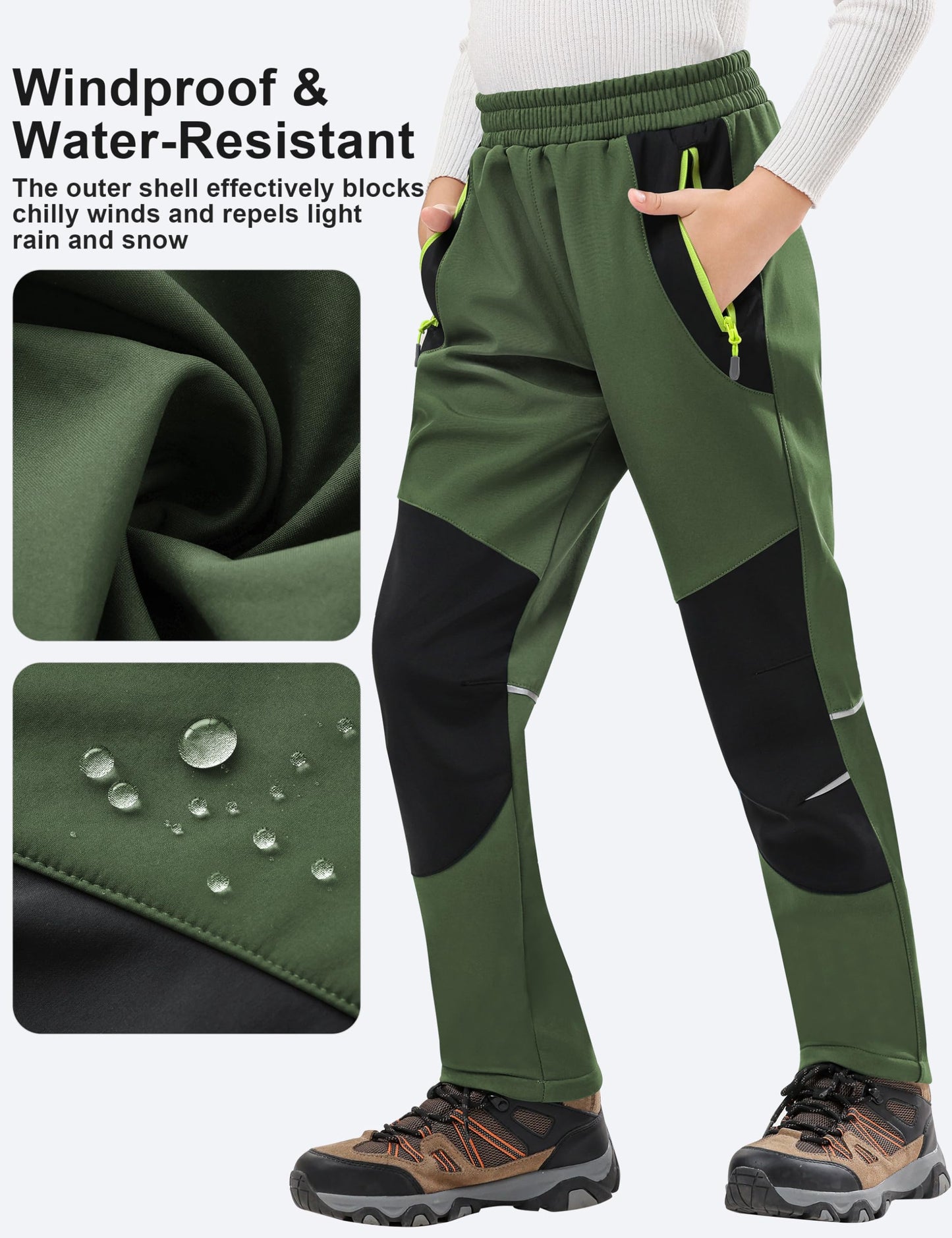Buyboxs Kids Snow Pants Boys Waterproof Insulated Hiking Pants Youth Winter Warm Fleece Lined Ski Snowpants, Green/Black XL