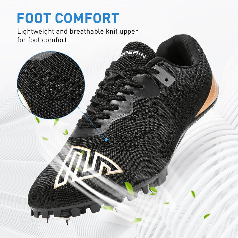 Medasain Track and Field Shoes for Men Women Kids Boys Girls Youth Spikes Professional Athletic Sprint Running Racing Shoes Black
