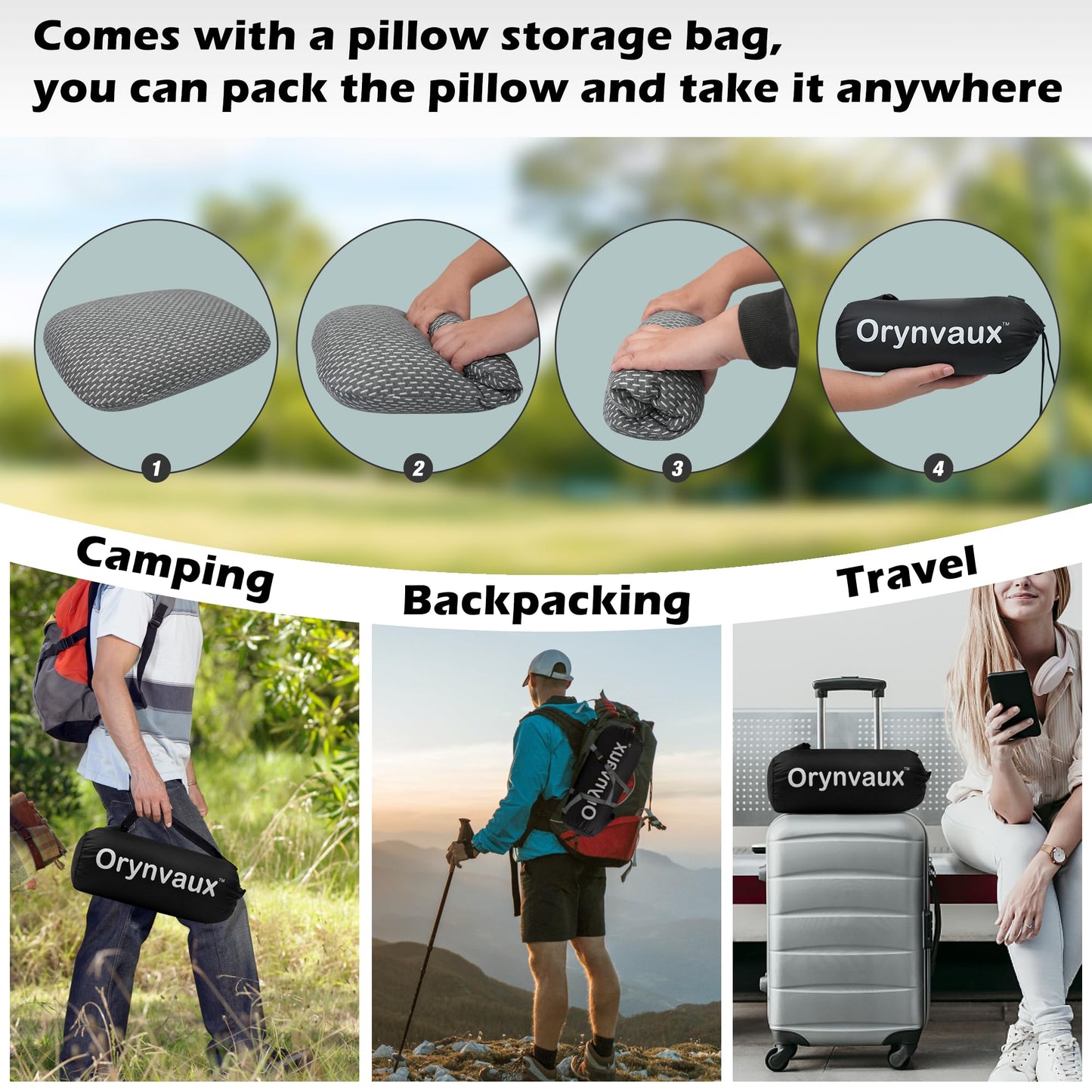 Orynvaux Memory Foam Camping Pillow - Lightweight & Portable Small Travel Pillow for Airplane & Train Travel, Camping, Backpacking, Removable Washable Cover, Easy to Clean, Includes Storage Bag