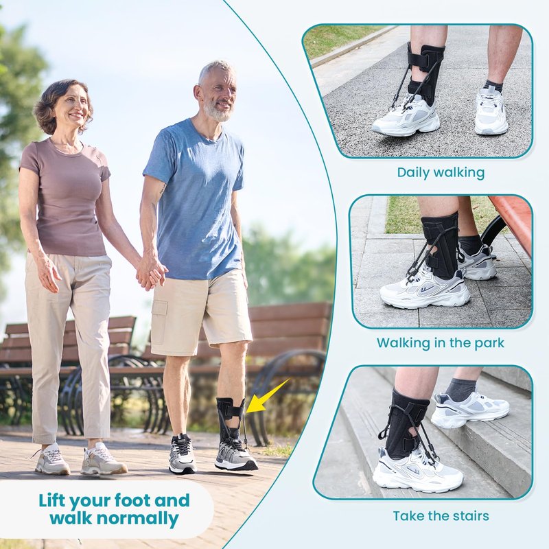 Pozpo Tech AFO Foot Drop Brace Splint, Adjustable Drop Foot Up Ankle Support for Walking with Shoes, Improve Walking Gait, Fits Right & Left, Women and Men - Black