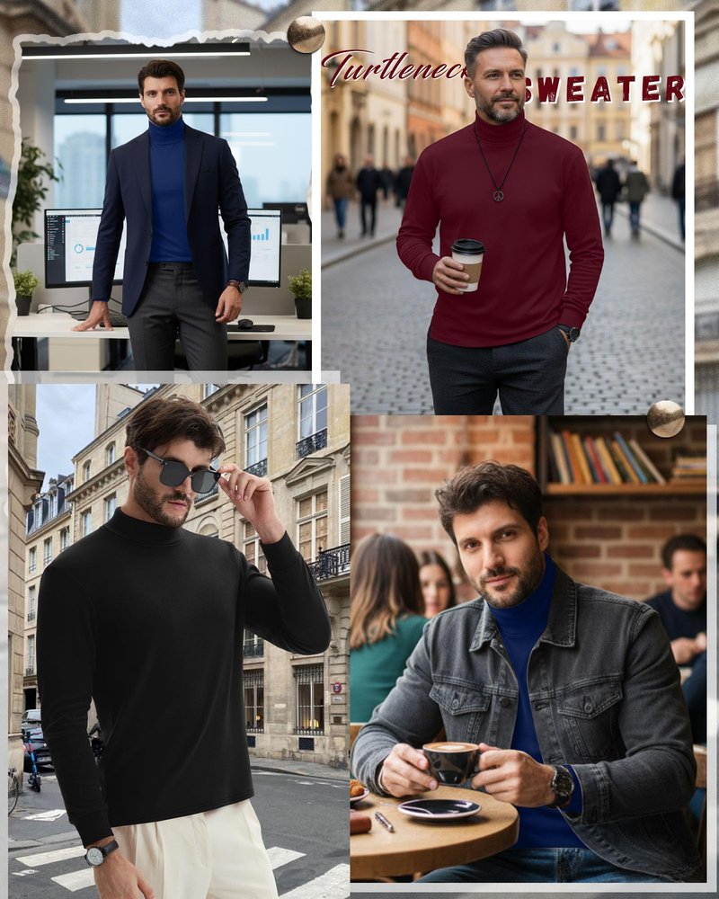 Riyiper 3 Pack Men's Turtleneck Shirts Thermal Basic Knitted Long Sleeve Casual Slim Fit Winter Pullover Tops(Black, Burgundy, Navy Blue,L)