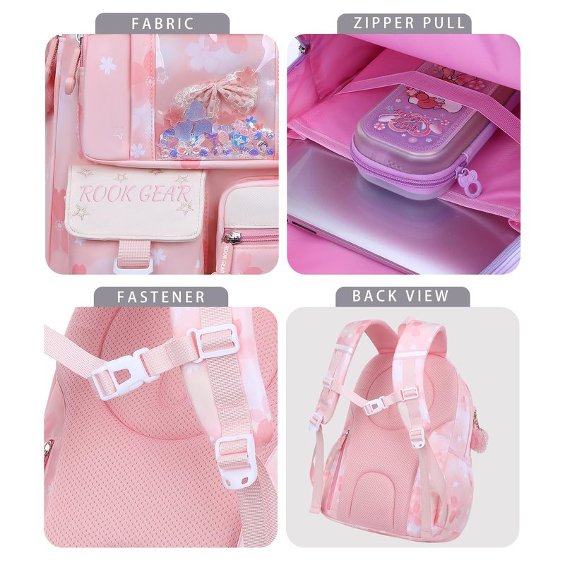 ROOK GEAR Backpack for Girls Kids Toddler, Cute Kawaii School Backpack with Glitter Design, Multi-Compartment Travel Bookbag for Kindergarten Elementary Daily Use (pink, Large)