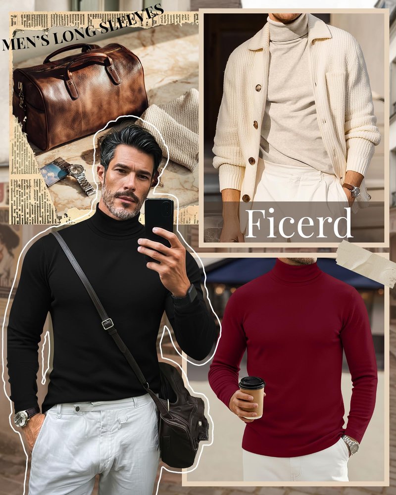 Ficerd 3 Pack Men's Turtleneck Shirts, Long Sleeve Cotton Pullover Sweaters Mock Neck Knitted T Shirt Basic Slim Fit Tee Tops (Black, Apricot, Red,Small)