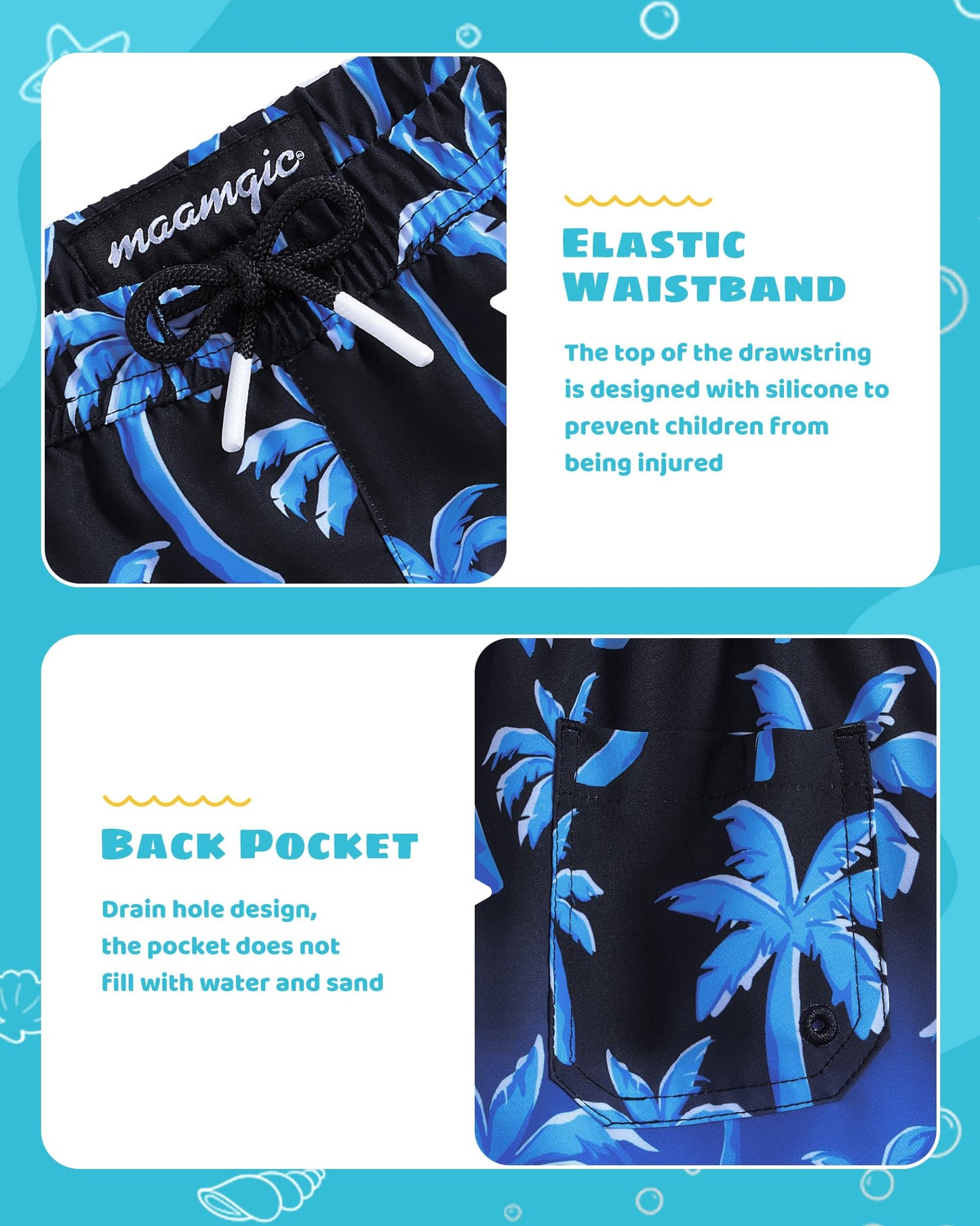 maamgic Boys Swim Trunks with Compression Liner Toddler Stretch Swim Shorts Quick Dry Swimming Trunks Boxer Brief 2 in 1 Beach Shorts Blue Coconut Tree 10/12