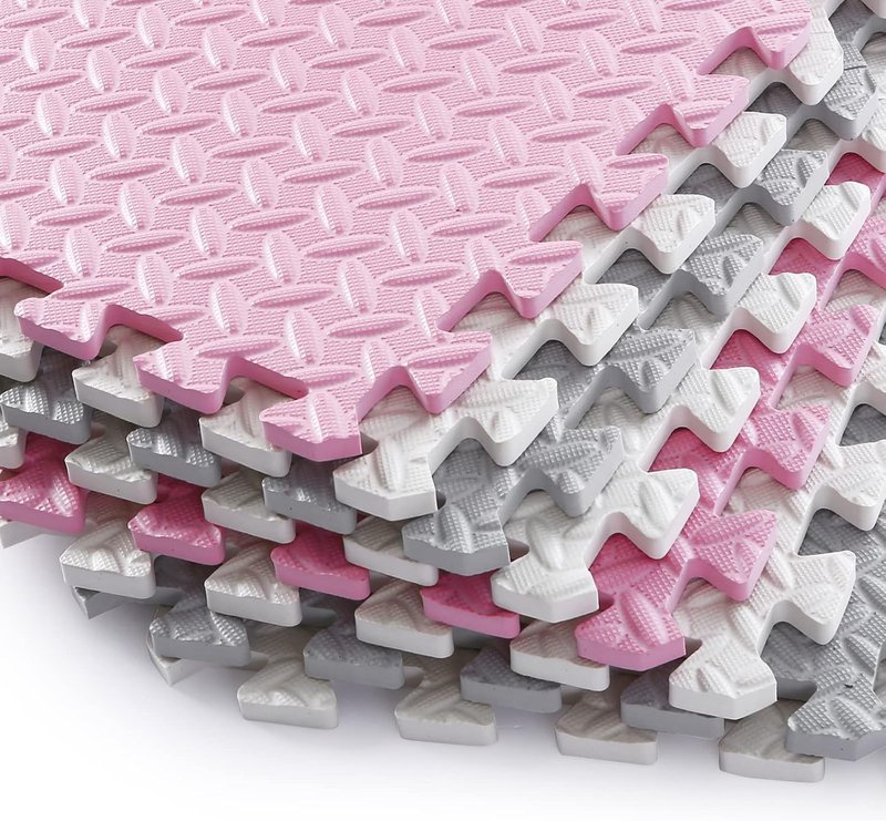 Foam Play Mat for Baby - Soft Non-Toxic Interlocking Floor Mats | 0.4 Inch Thick, 16 Tiles (White/Light Gray/Pink)