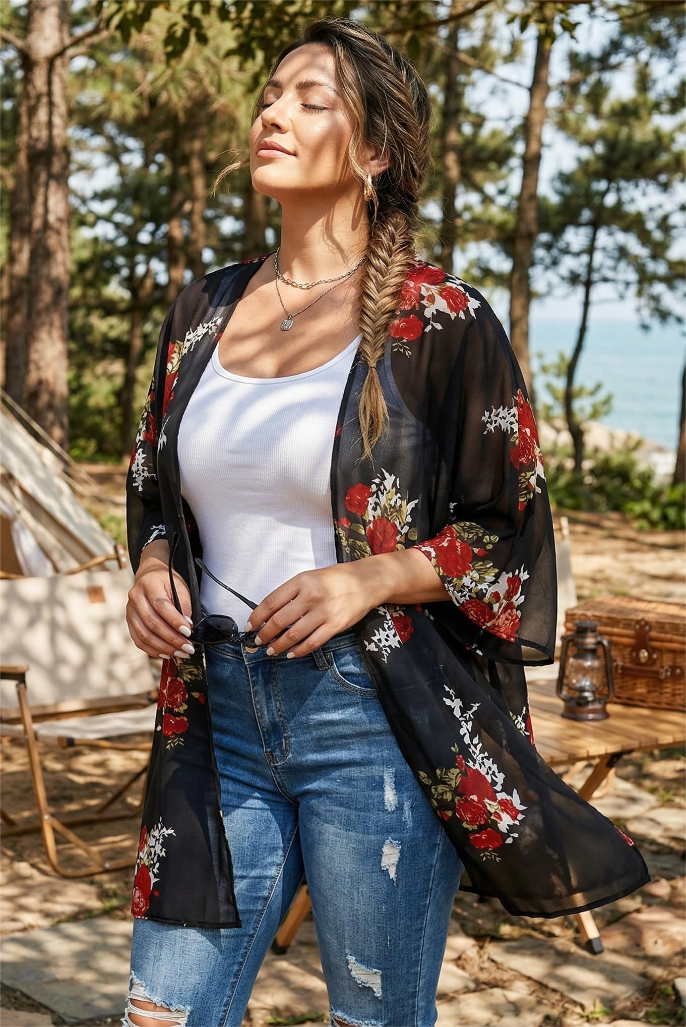 Women's Floral Kimono Print Puff Sleeve Loose Cardigan Cover Up Casual Blouse Tops (Green Gradient Print, XL)