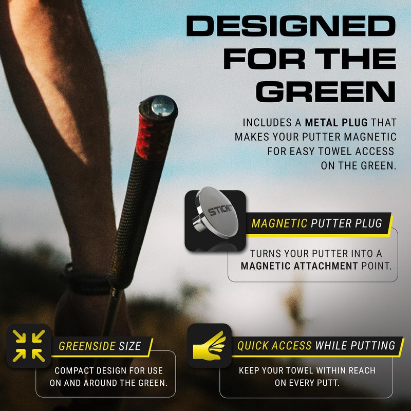 STICKIT Mini Magnetic Golf Towel - Ultra-Absorbent with Waffle Weave Microfiber & Removable Magnet - Small Golf Towel for Bags, Clubs & Carts - Removes Dirt, Grass, & Debris 12” x 12” (Black)