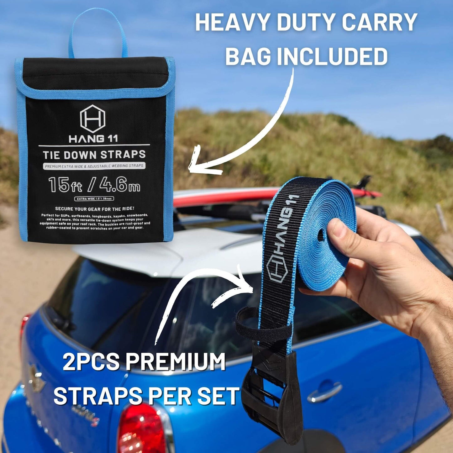 Hang 11 Surfboard Tie Down Straps for Roof Rack, Extra Long (15ft) & Wide (1.5"), No-Scratch Silicone Buckles, Surfboard Straps for Roof Rack, Ideal to Secure a Paddle Board Kayak Canoe SUP on a Car