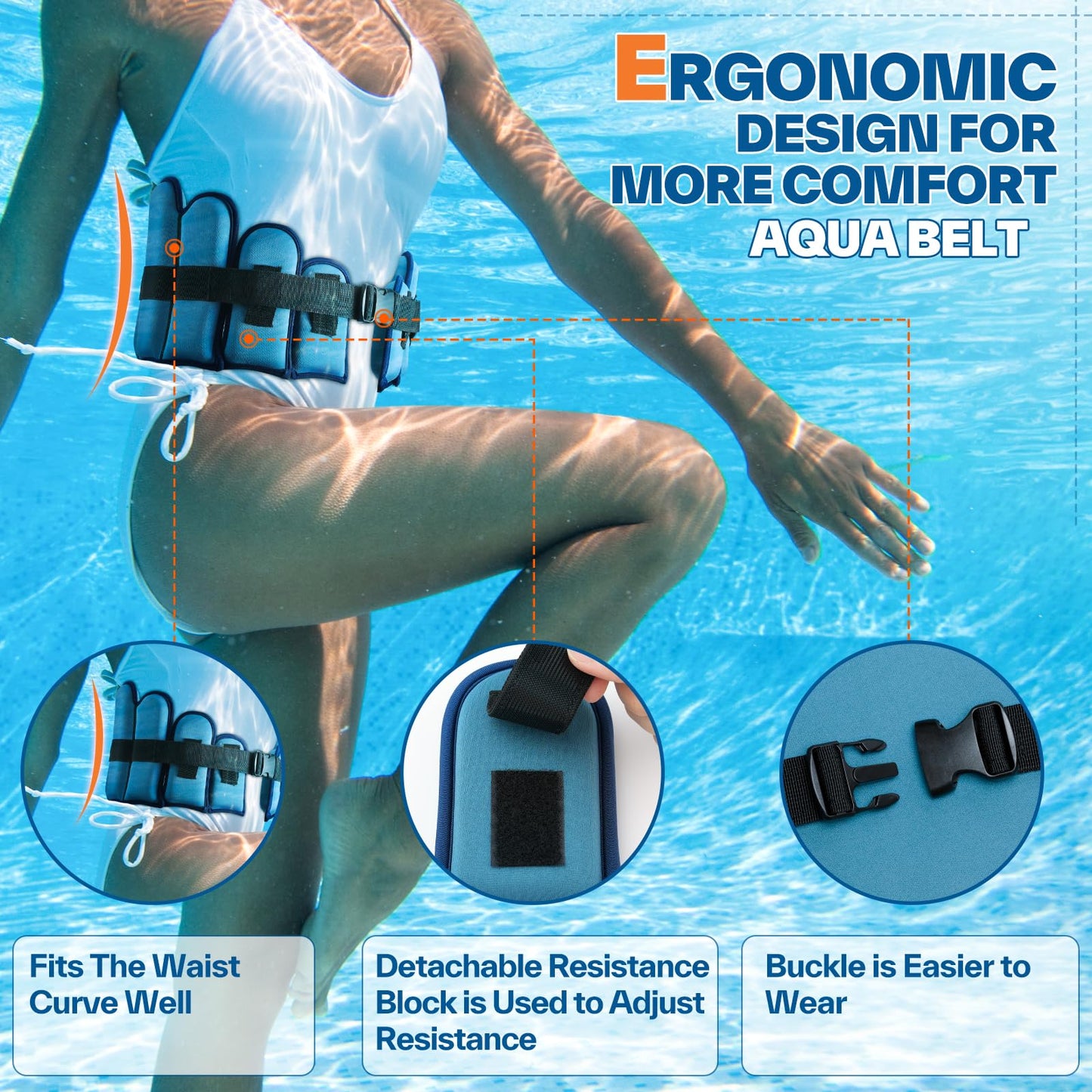 Sportneer Aqua Belt Water Aerobics Equipment: Swimming Belt Pool Exercise Equipment for Adults Aqua Float Belts with Adjustable Foam Blocks for Aquatic Fitness Training Low-Impact Workout Dark Blue