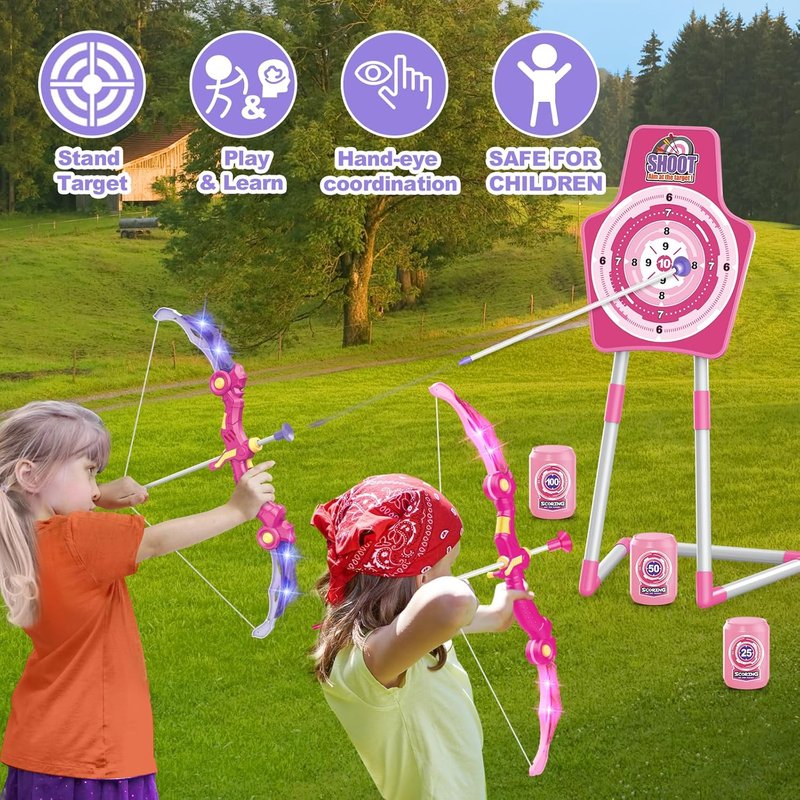 SpringFlower Bow and Arrow Set - LED Light-Up Archery Kit with 2 Foam Dart Guns for Kids 5-10 Years Old | Includes Standing Target