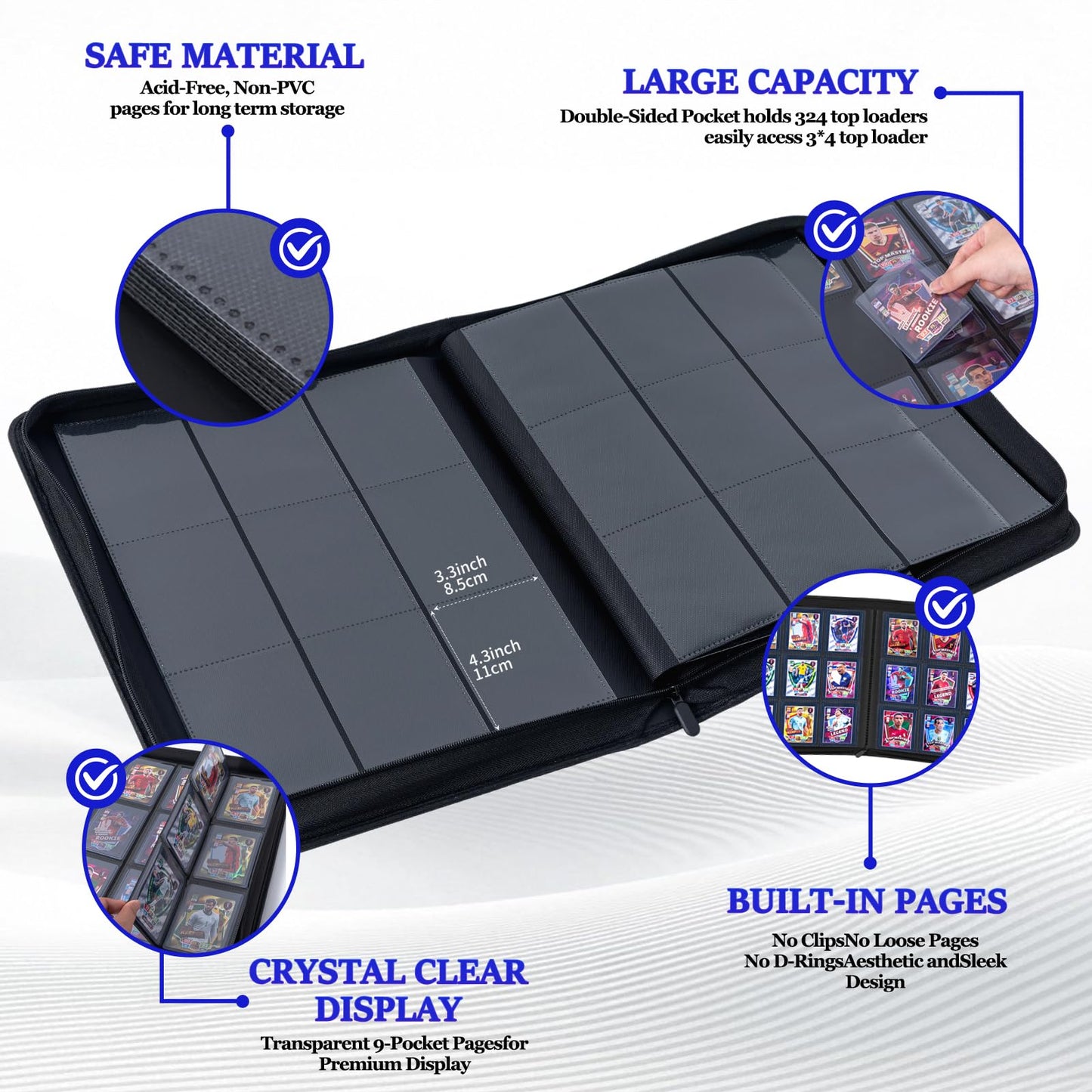 MGCLBR Top Loader Binder – Holds 324 Cards (20 Hard Sleeves Included),9-Pocket Side-Loading Card Binder Ringless Double-Sided – Perfect for Trading/Sports Cards & Tournaments