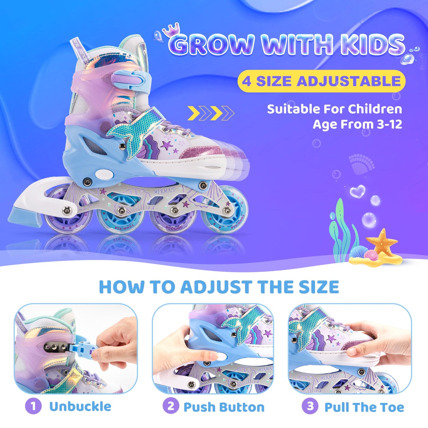 NEMONE Girls Adjustable Inline Skates Kids Light up Wheels Roller Skates Blades Indoor Outdoor for Childrens Beginner Youth Ages 4-6 5-8 6-12 8-12