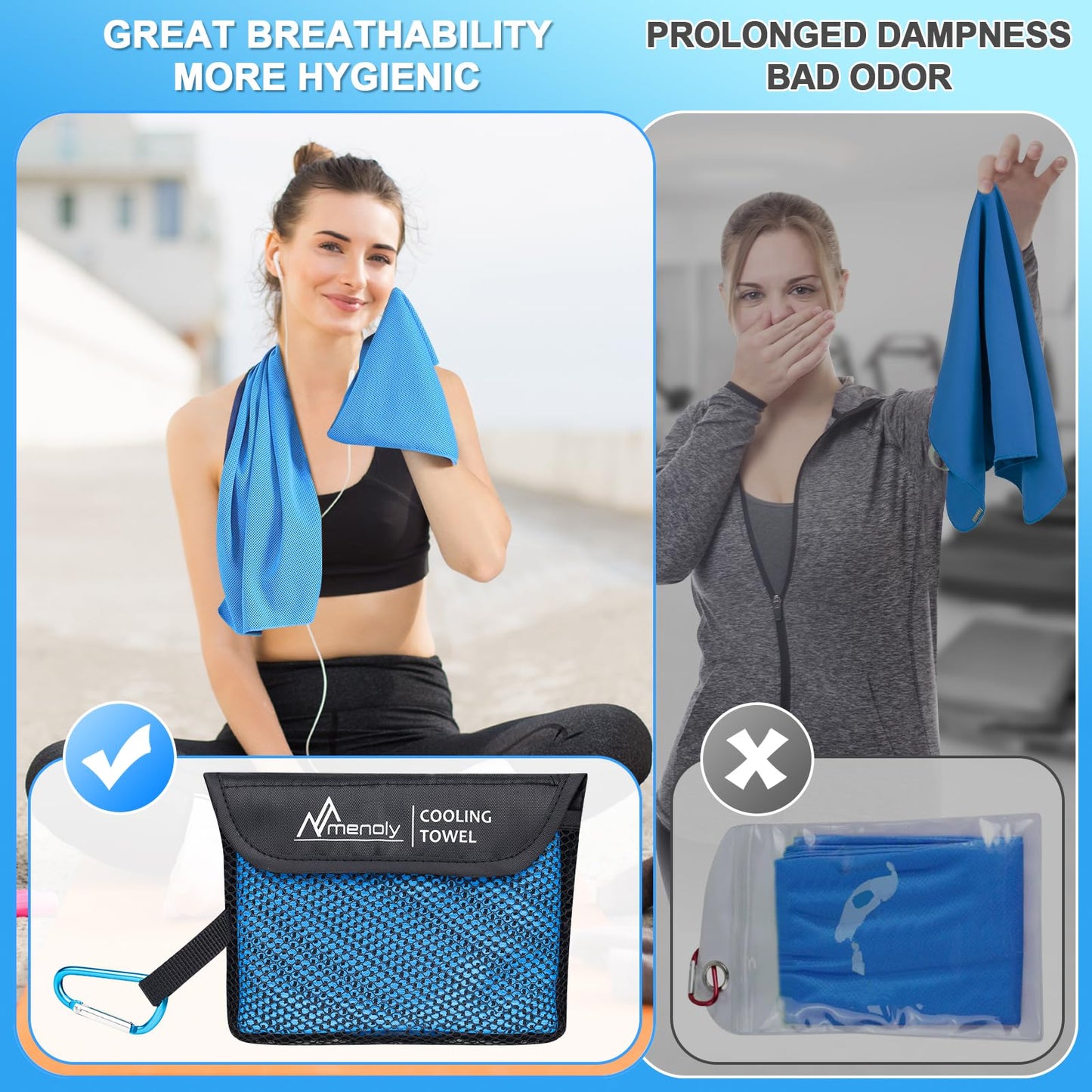 MENOLY 6 Pack Cooling Towels with Unique Carrying Bags, 40"x12" Cooling Towels for Neck and Face, Instant Gym Towels, Workout Towels for Sports, Sweat, Yoga, Traving, Hiking, Camping, Running, Fitness