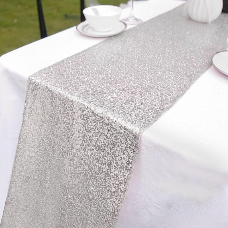 Glitter Gold Table Runner - 12 x 108 Inch Rectangle for Graduation, Wedding, Birthday & Baby Shower Decor | Silver