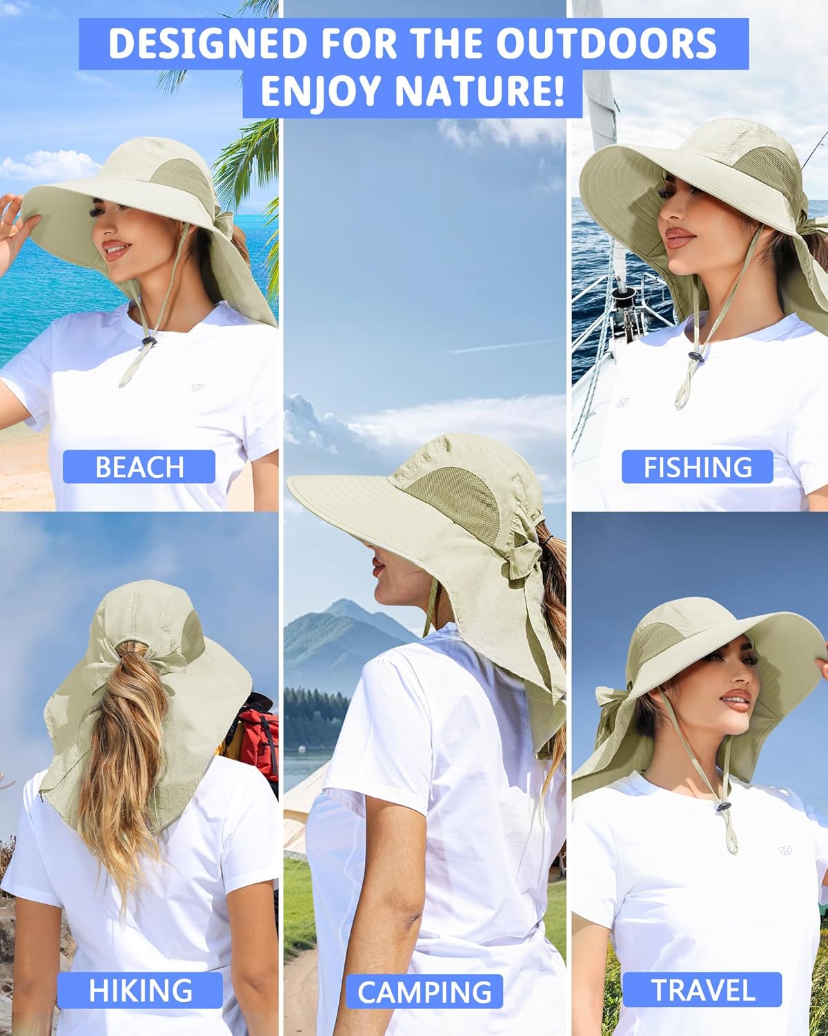 Women's UV Protection Sun Hat - Wide Brim Fishing Hat with Ponytail Hole & Neck Flap | Ideal for Beach, Hiking, Camping