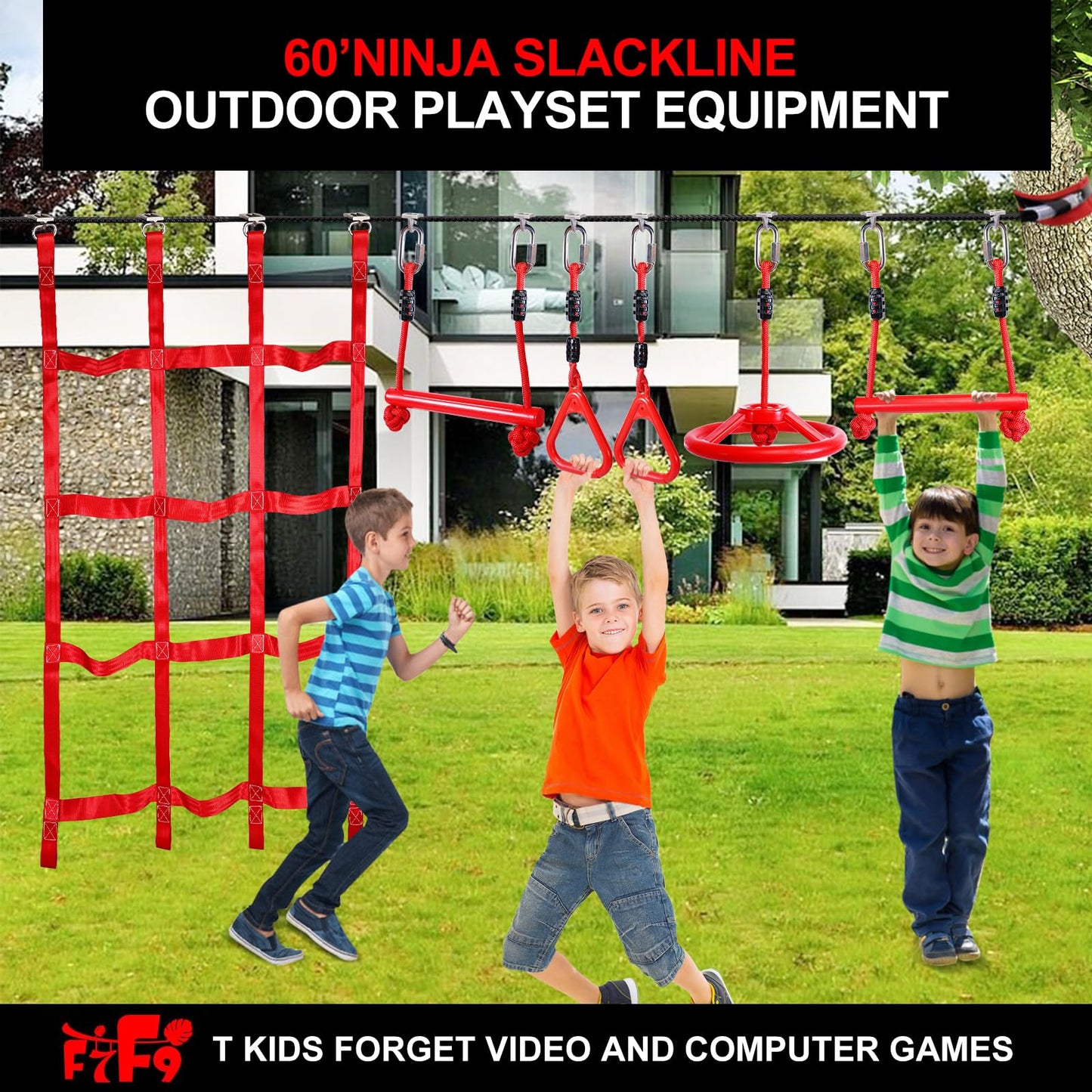 Ninja Warrior Obstacle Course for Kids Backyard with A Pair of Knee Pads, 60’ Ninja Slackline and Slackline Protective Tube with Unique Obstacles Climbing Net, Ninja Wheel, Monkey Bars, Gym Rings