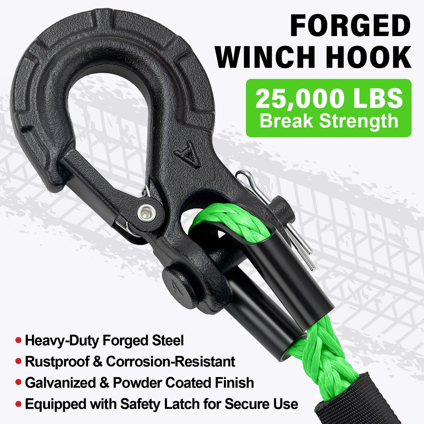 HOKINETY Synthetic Winch Rope Kit - 1/4" x 50' 10000 lbs Kinetic Recovery Cable for ATV UTV Off-Road Vehicles with Forged Hook, Rubber Stopper, Protective Sleeve and Safety Pull Strap - Green