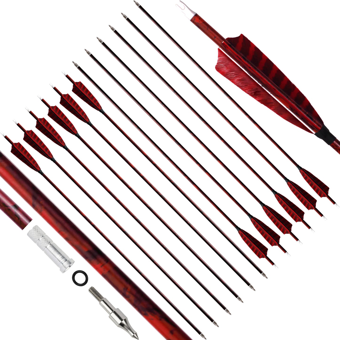 CENWTY 30 Inch Archery Carbon Arrows 500 Spine Camo Hunting Arrows with 4" Turkey Feather and Removable Tips Target Arrows for Compound Bow Recurve Bow Traditional Bow (6, Red)