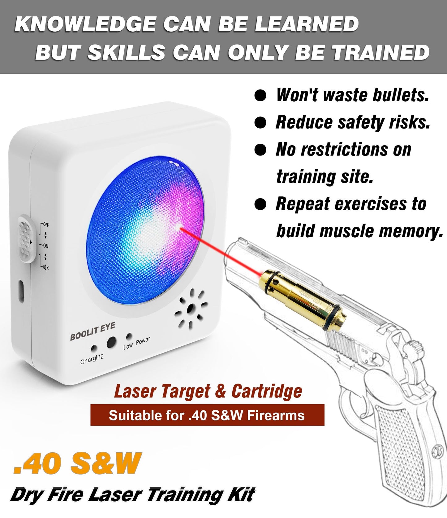 BOOLIT EYE 2nd Generation .40SW Laser Training System, Laser Cartridge and Target kit Safely Dry Fire Practice with Steel Target Sound and Light Feedback