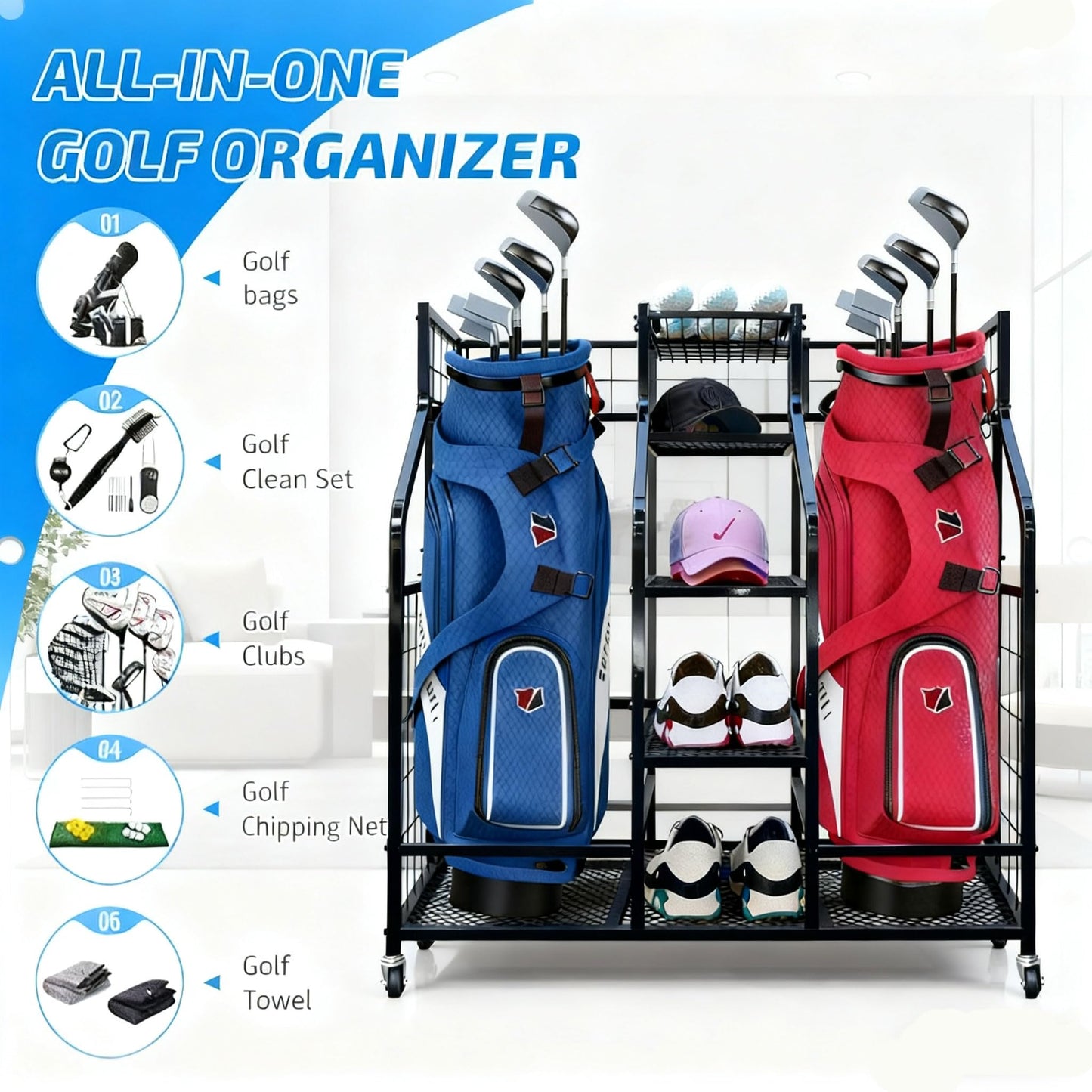 Golf Bag Storage Organizer Stand with Wheels - Heavy Duty Steel Rack Holds 2 Golf Bags with Central Storage Shelf for Golf Balls, Shoes & Accessories, Space Saving Garage Golf Club Equipment Holder