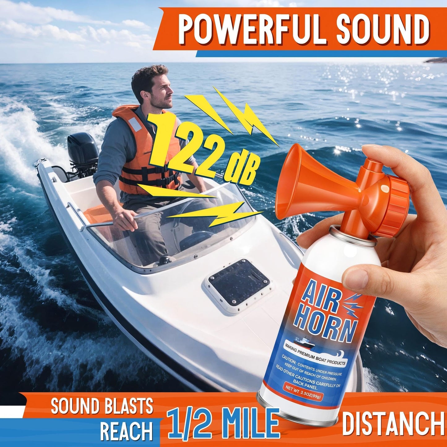 HappyAlley 2 Pack Large Air Horn for Safety 3.5oz, 122dB Very Loud Marine Air Horn for Boat, Coast Guard Approved, Great for Boat & Marine Safety, Sporting Events, Travels, Hiking (Orange)
