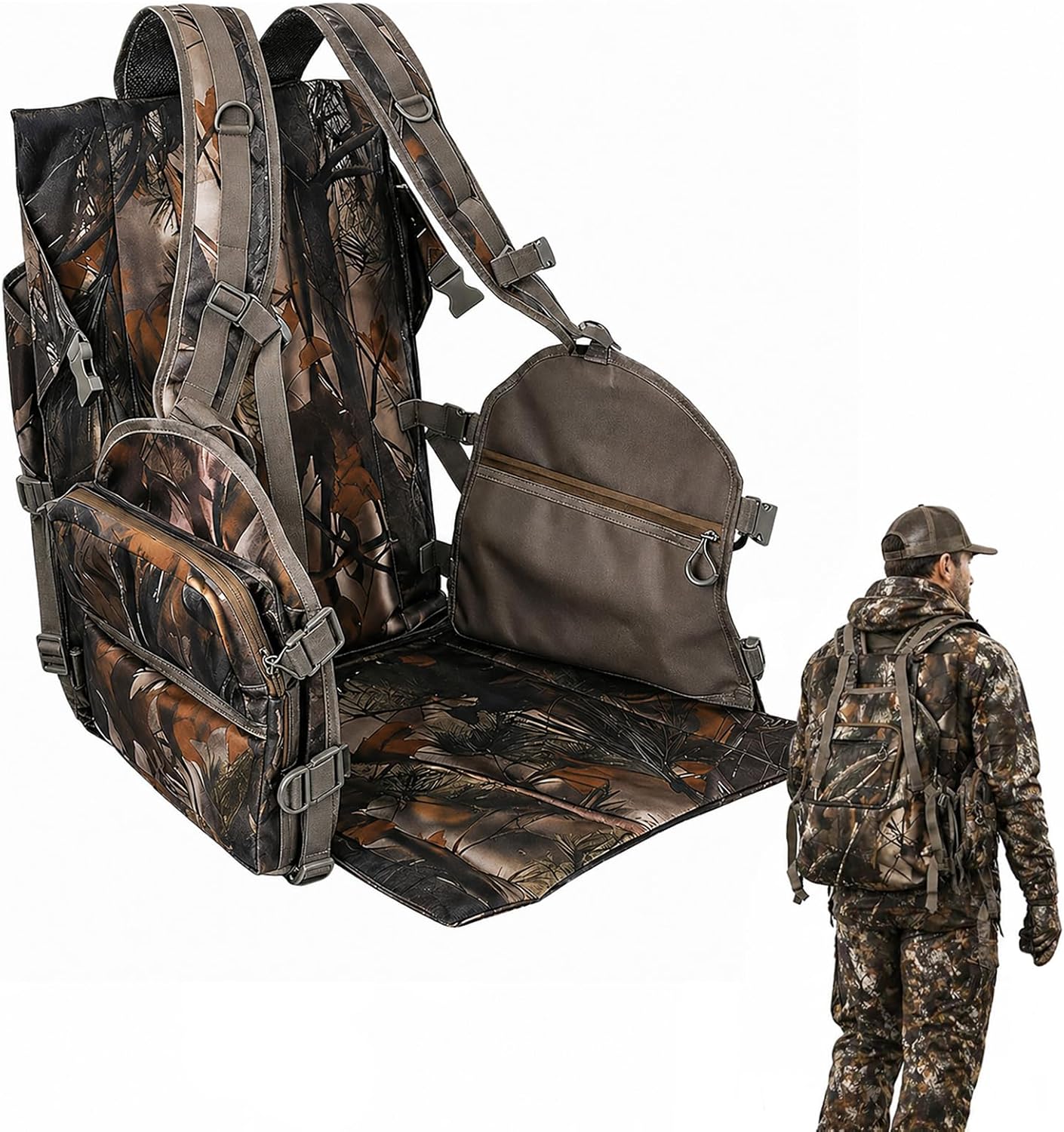 Turkey Hunting Vest with Detachable Flip-Down Seat Mat - Camouflage Game Pouch for Men & Women