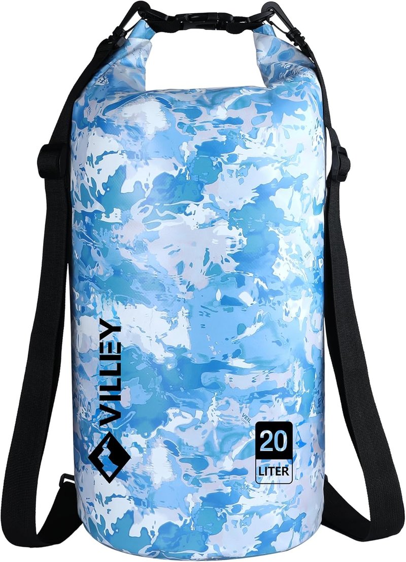 VILLEY Waterproof Dry Bag - 20L Roll Top Backpack for Kayaking, Camping & Beach | Blue Camo