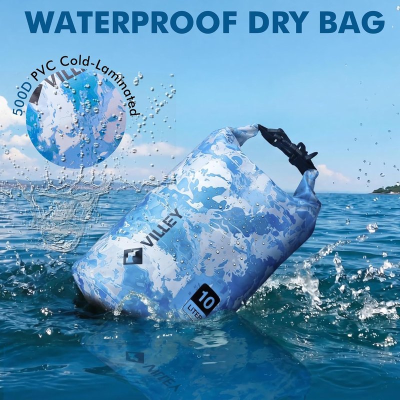 VILLEY Waterproof Dry Bag - 20L Roll Top Backpack for Kayaking, Camping & Beach | Blue Camo