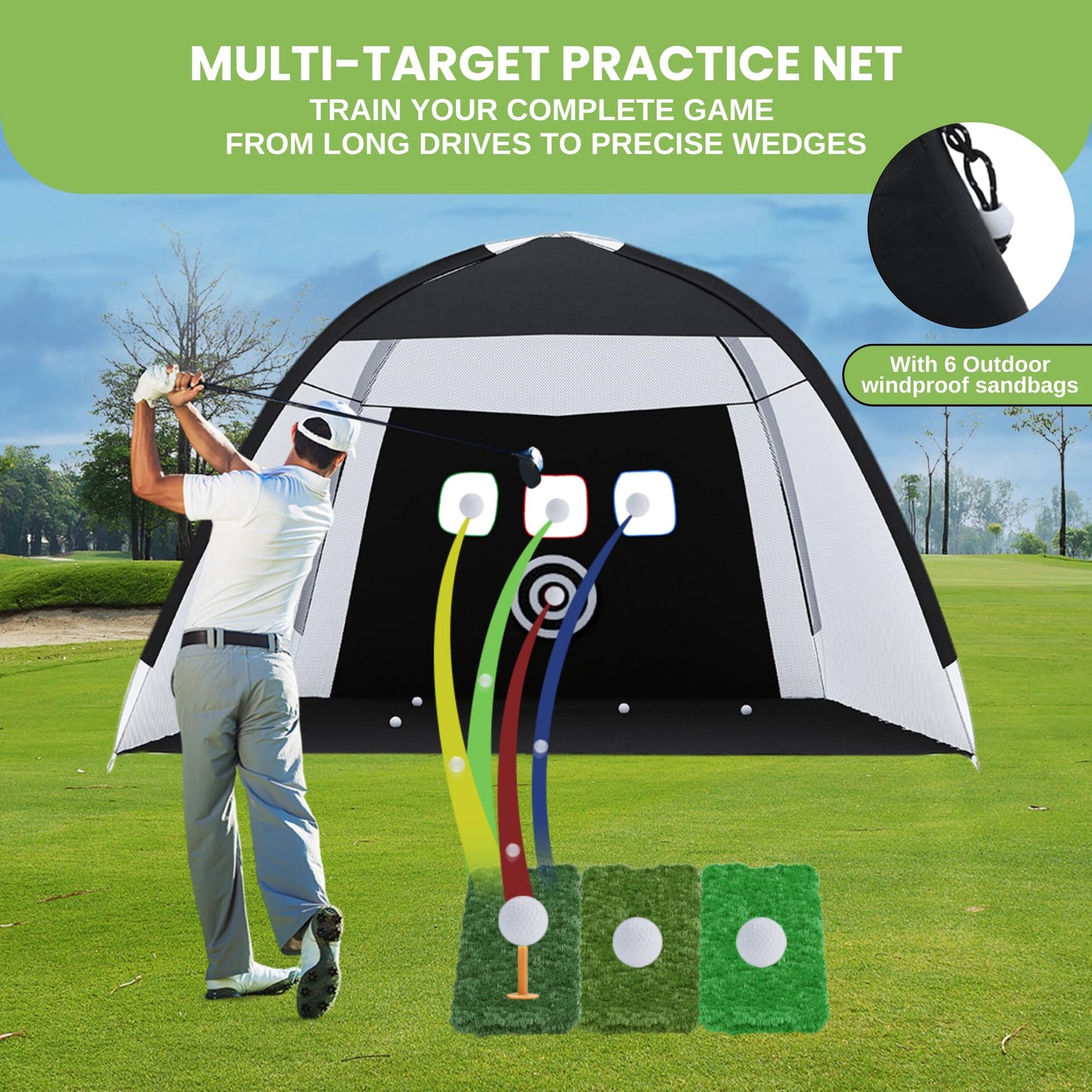 Golf Net 10x7FT for Backyard Practice – Golf Net Hitting and Training Set with Target and Mat for Real Balls – Indoor Outdoor Swing, Chipping and Driving Trainer – Great Gift for Men, Dad, Golfer