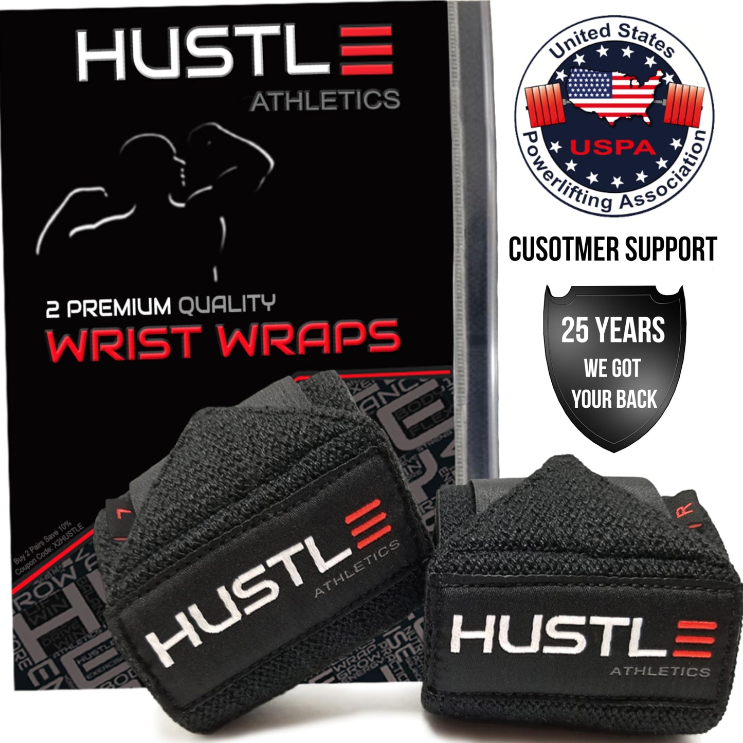 Hustle Athletics Wrist Wraps for Weightlifting, USPA-Approved 12" Wrist Support Straps for Bench Press, Squats & Overhead Press, Heavy-Duty Gym Wraps for Men and Women