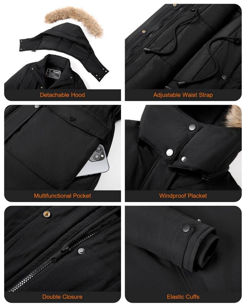 Hecusma Heated Jackets for Women with 18400mAh 12V Battery Pack Included, Parka Womens Heated Jacket with Hood Skating-Black, M