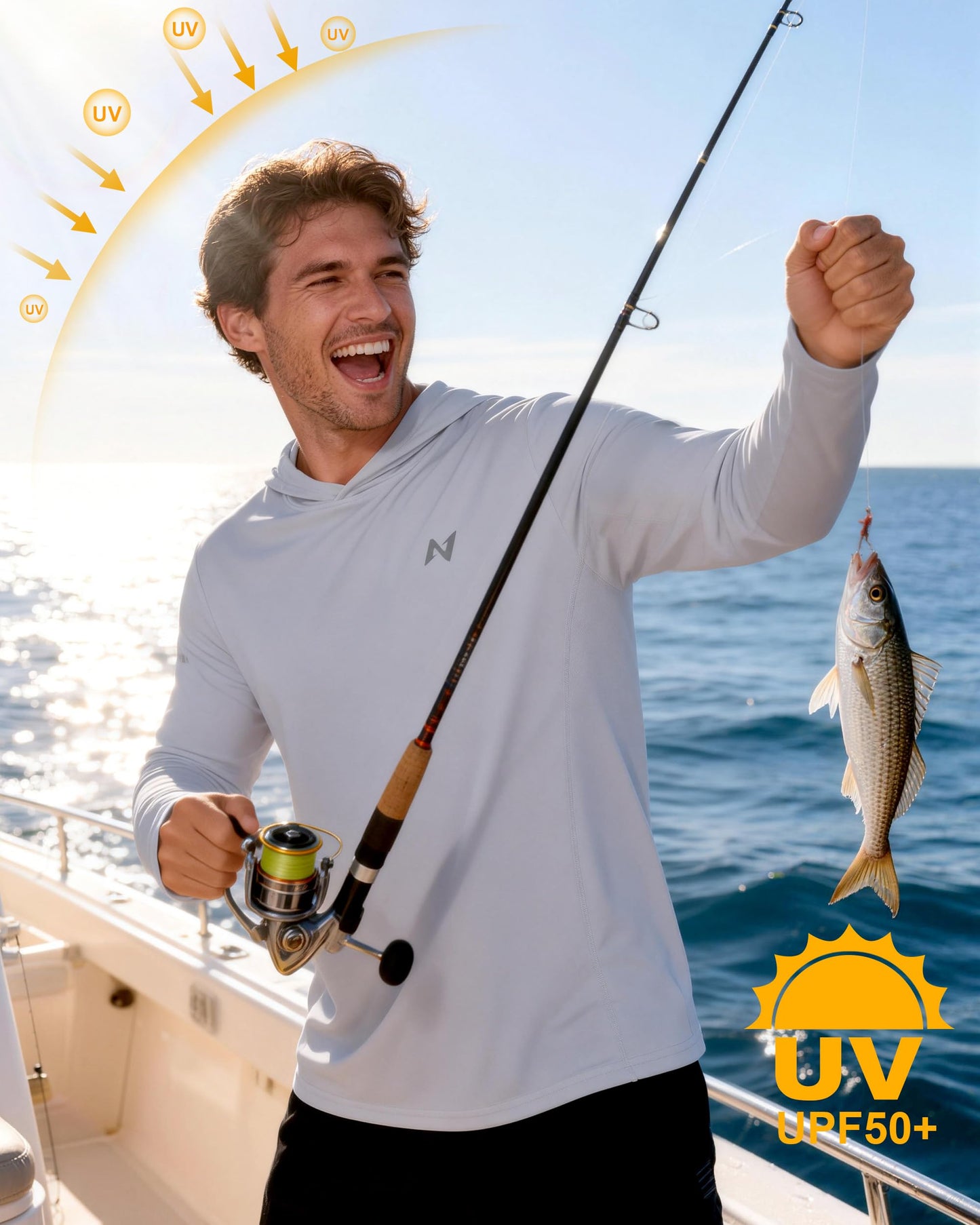 isnowood Mens UPF 50+ Sun Hoodie, Long Sleeve UV protection Fishing Shirts, Hooded Lightweight Hiking Running Swim Rash Guard Grey