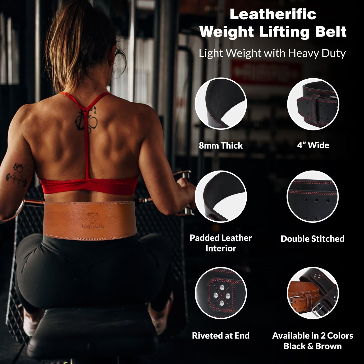 Leatherific | Genuine Leather Weight Lifting Belt | 8 mm Thick, 4" Wide | Heavy duty, Padded, Steel Buckle | For Bodybuilding, Cross Training, Weight Training, Lumbar Support (XL(Fits 40"-45"), Pecan