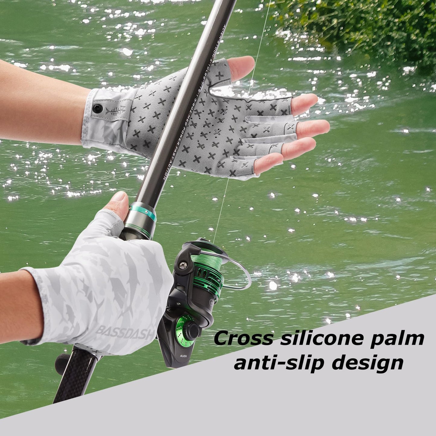 BASSDASH 3/4 Finger UPF 50+ Sun Gloves Breathable Anti-Slip Silicone Palm for Men Women Fishing Fingerless Cycling Running